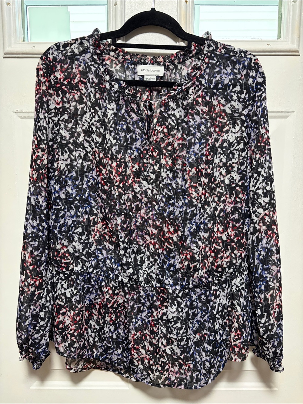 Liz Claiborne Black Printed Long-Sleeve Blouse with Red & Blue Accents
